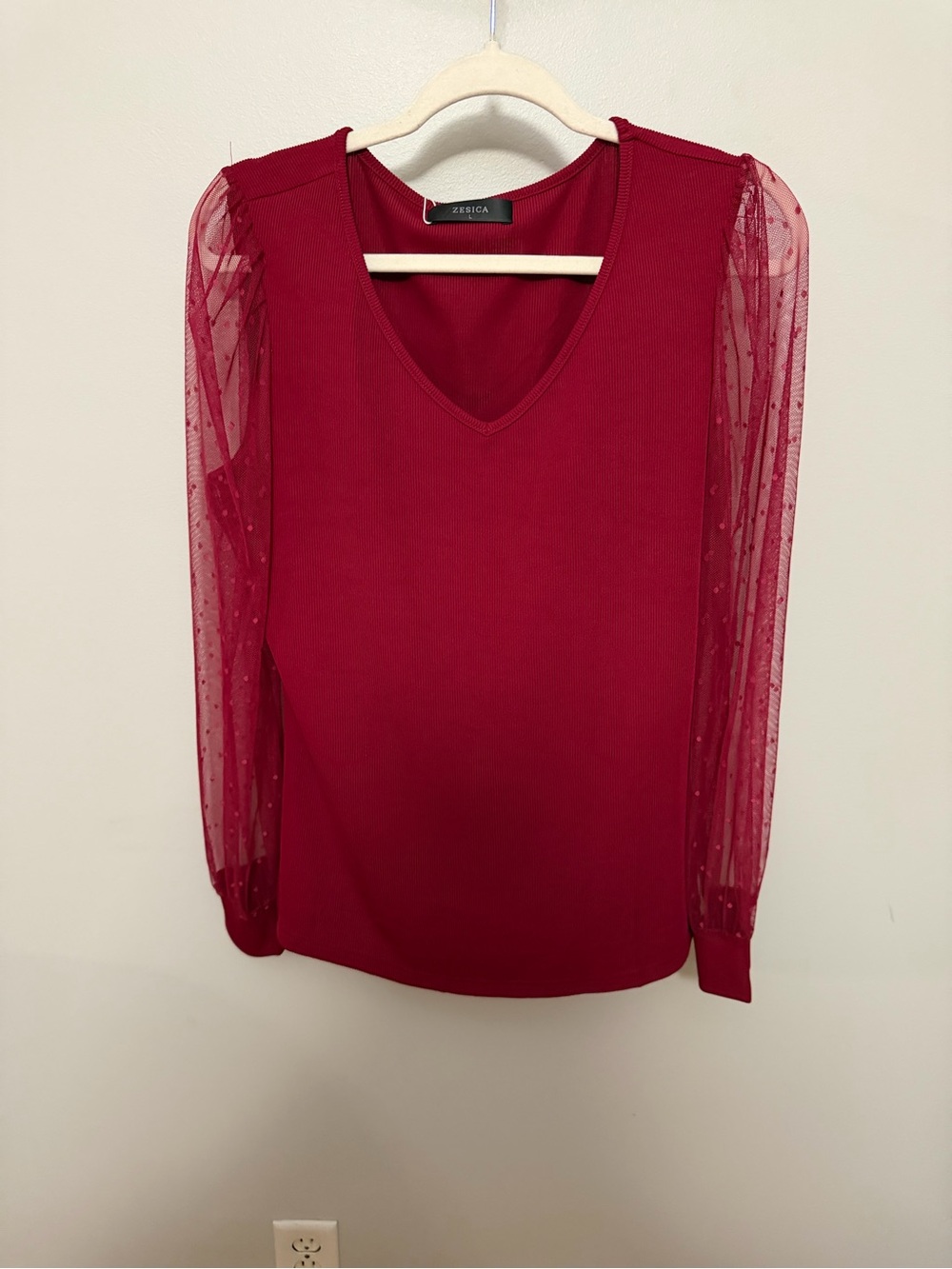 Red V-Neck Sheer Sleeve Top